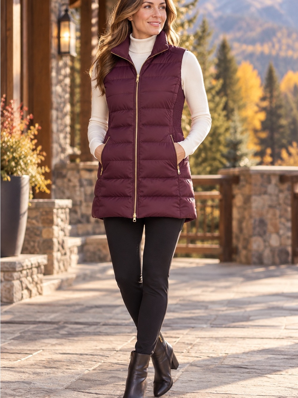 Athleta Women’s Burgundy Goose Down Puffer Vest Size S Gold Zip Longline